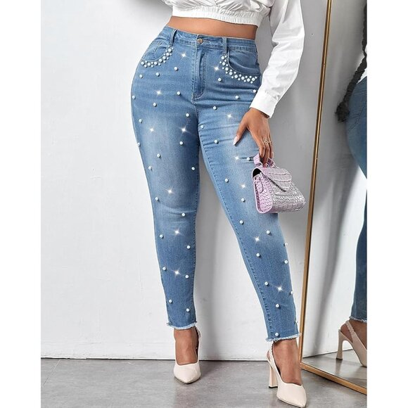 Women's High Rise Slim Fit Denim Jeans Pearl Beaded Frayed Fringe - Picture 2 of 7